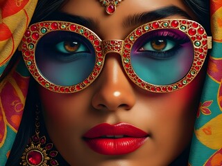 Traditional indian woman wearing glasses, adorned in kuba cloth, carnivalesque style, bold yet graceful expression, cultural fashion, vibrant and intricate patterns, close-up portrait photography