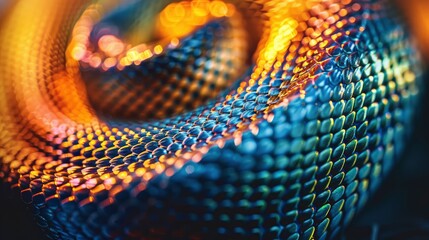 Close-up of a vibrant, textured fabric coil with shimmering colors, showcasing intricate patterns