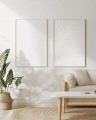 Minimalist living room with blank frame mockup, beige sofa, plant, and natural textures.