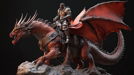 Obraz premium Knight riding a red dragon.