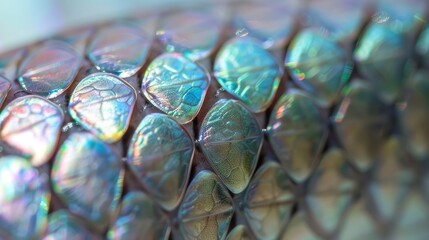 Close-up view of iridescent fish scales displaying vibrant colors and intricate patterns under light