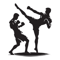 Dynamic Kickboxer silhouette, delivering a fierce roundhouse kick - Martial Arts illustration - Minimalist Kickboxer vector - Combat silhouette

