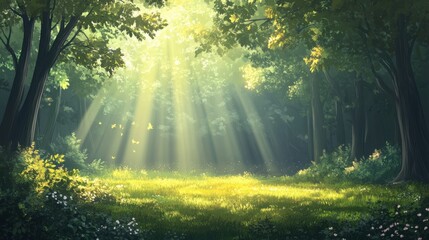 Obraz premium Tranquil forest glade bathed in morning sunlight illustration