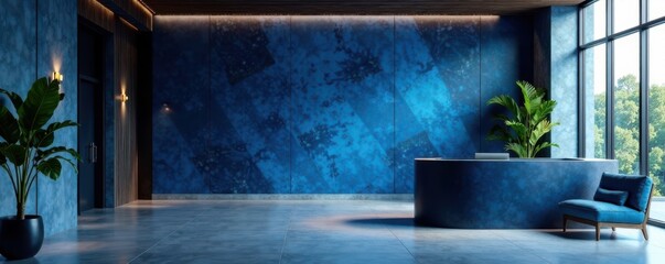 Modern corporate reception area with dark blue abstract background and square features, reception, abstract