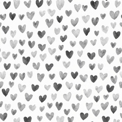 Fototapeta premium Pattern of black and grey watercolor hearts on a white background. Suitable for Valentines Day cards, wedding invitations, and romantic designs.