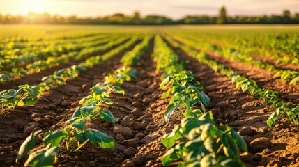 Lush green crop rows stretching across a sunlit field at sunset, showcasing agricultural growth