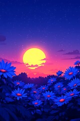 Sunset over wildflowers, vibrant landscape