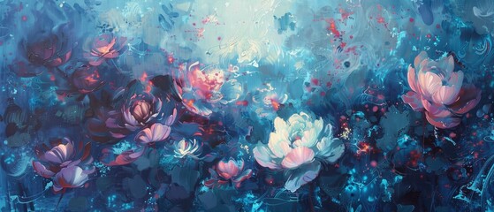 Colorful abstract floral painting featuring blooming lotus flowers in a serene blue background