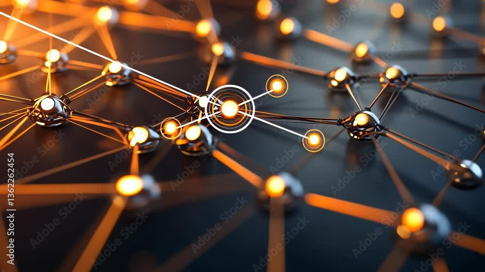 Poster visual exploration of interconnected nodes representing complex networks illuminated by warm lights