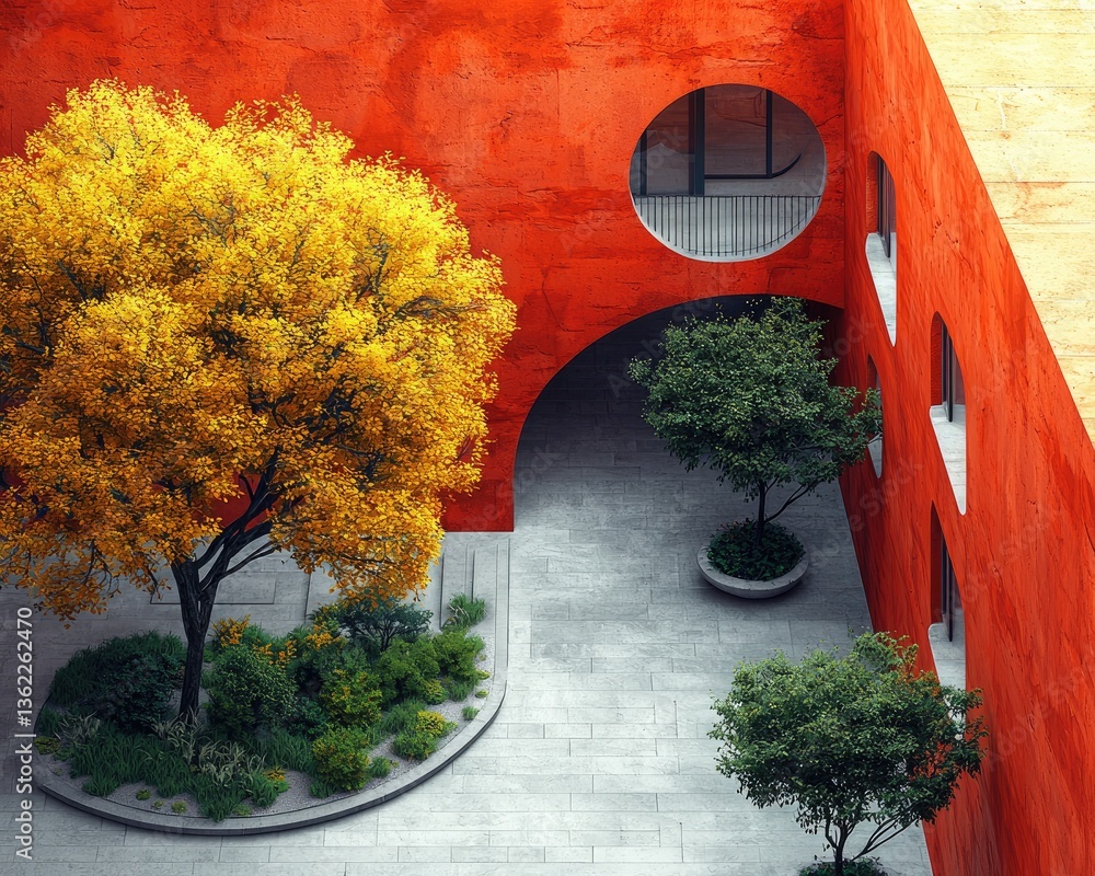 Poster vibrant courtyard with autumn trees and modern architecture in a sunny setting