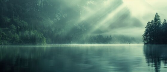 Serene misty lake surrounded by mountains and trees, with soft sunlight breaking through clouds