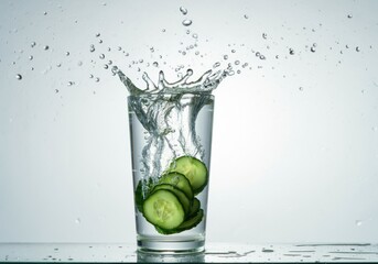 A high-speed capture of cucumber slices dropping into a clear glass of water, with bubbles rising, emphasizing freshness, on a solid white background.