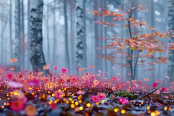 Enchanted forest scene with vibrant pink flowers blooming amidst misty birch trees and soft lighting