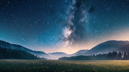 Serene night landscape showcasing a starry sky over mountains and a tranquil meadow at dusk