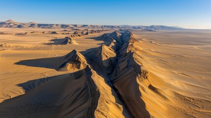 Aerial view of a vast desert canyon with golden sand formations and distant mountains under clear sky