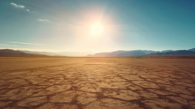 Vast arid landscape under a bright sun, showcasing cracked earth and distant mountains in the background - Powered by Adobe