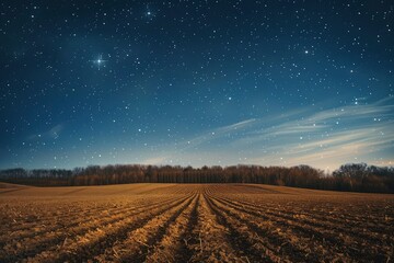Serene night sky over a tranquil field with starry backdrop and distant tree line under twilight
