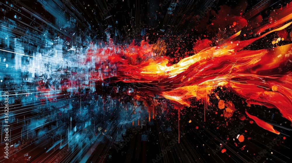 Poster abstract digital art depicting a collision of vibrant red and cool blue energy, creating a dynamic a