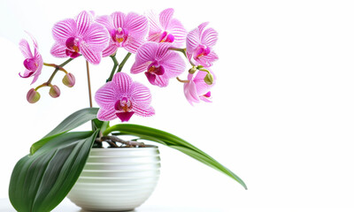 Naklejka premium Vibrant pink orchid in a white ceramic pot on a white background. Aesthetic indoor plant for home decor, floral designs, and botanical photography.