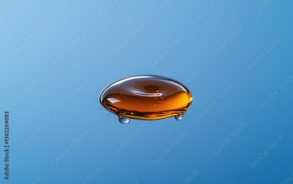 Poster close-up view of a single, amber-colored drop of liquid resting on a smooth, reflective blue surface