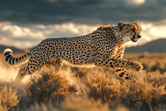 Cheetah Running at Full Speed in African Savanna at Sunset, with dust to capture the speed in motion, animal photography, wild animal, desert - Powered by Adobe