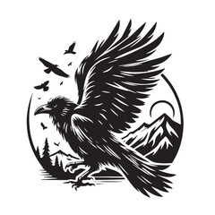 Black Color Raven Silhouette Vector Illustration, Solid White Background