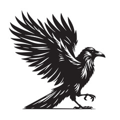 Black Color Raven Silhouette Vector Illustration, Solid White Background