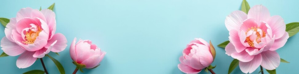 Fototapeta premium Pastel peonies on pale blue background, flowers, floral pattern