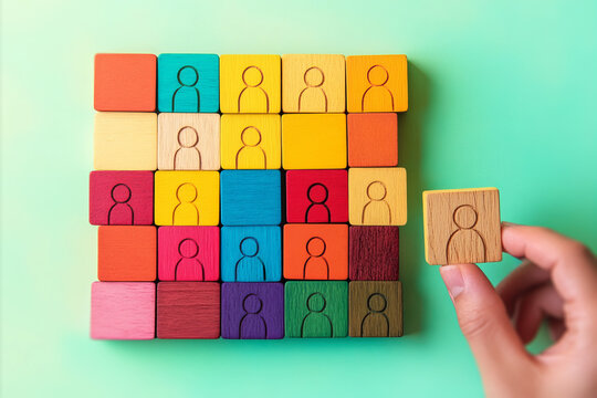 Business team and recruitment concept. A hand placing a wooden figure within a group