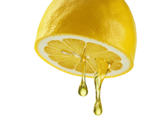 A hyper-realistic close-up of a lemon being squeezed, with juice visibly dripping, creating a dynamic and refreshing effect, against a solid white background.