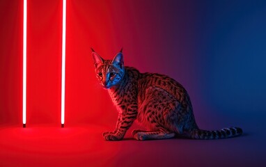 Obraz premium A bobcat sits in a studio setting, illuminated by vibrant red and blue neon lights. The cat is in sharp focus against a blurred background. 