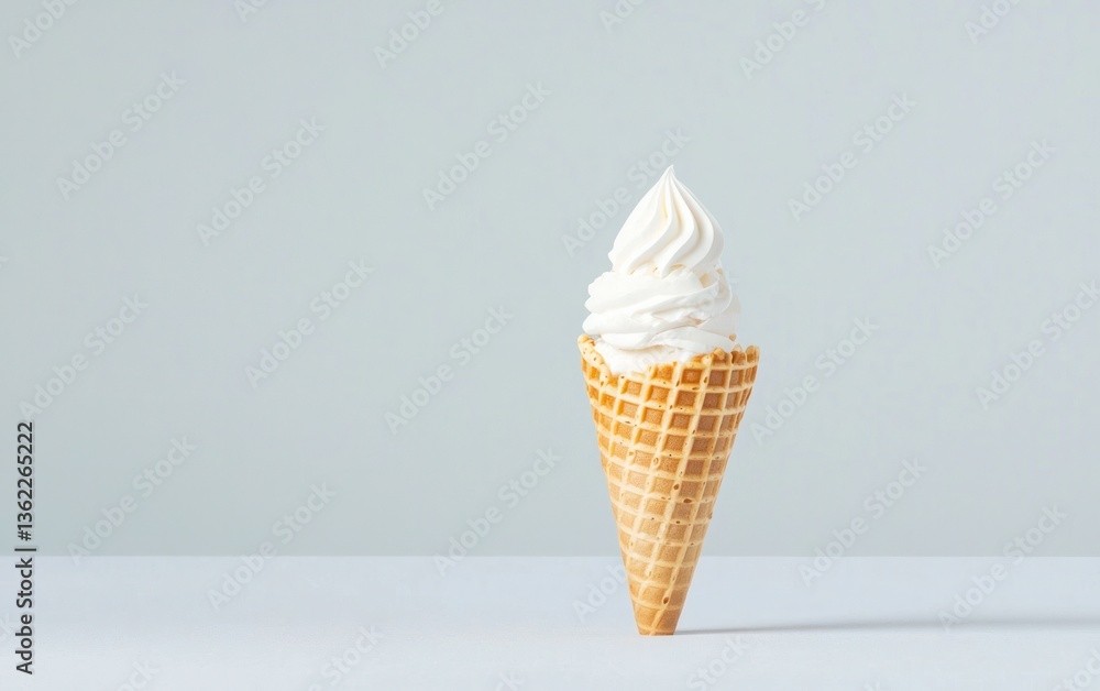 Poster a soft-serve ice cream cone with vanilla flavor in a waffle cone sits on a light gray surface agains