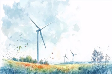 Serene Watercolor Landscape with Wind Turbines Generating Clean Energy