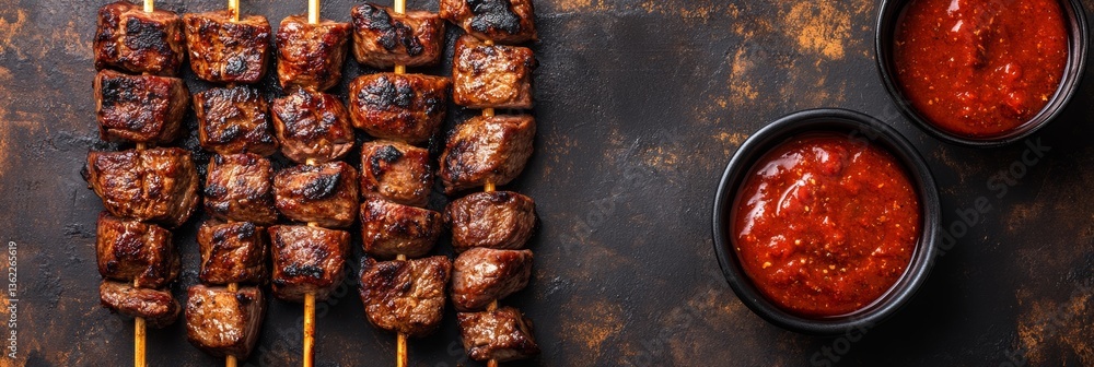 Poster barbecue beef shish kebab skewers on rustic background with copy space, close-up view