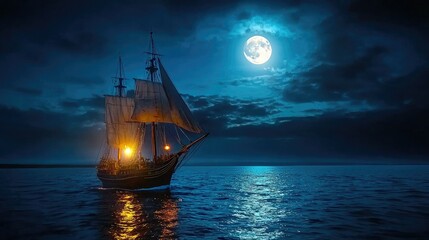 Sailing Under the Moonlight: A Nighttime Voyage on the Open Sea