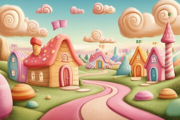 Colorful whimsical landscape filled with charming houses under a clear sky during the day