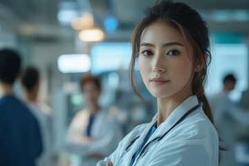 Medical professional stands confidently in a busy hospital setting surrounded by colleagues during a busy weekday morning