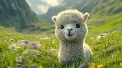 Fototapeta premium Fuzzy alpaca face with a gentle smile, green meadow in the background 