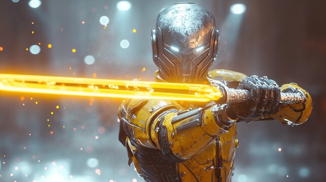 Fototapeta Futuristic warrior wielding glowing katana.