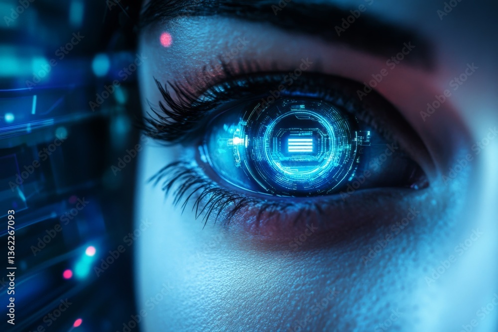 Poster Enhanced human eye visualizing digital data with futuristic technology in a cybernetic environment