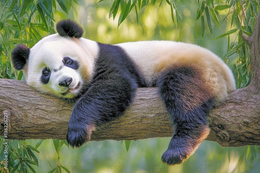 Poster Panda lounging on tree branch in a serene natural setting surrounded by leaves