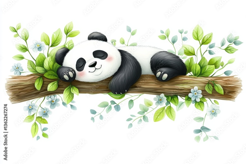 Poster Cute panda cub resting peacefully on a branch surrounded by green leaves and flowers in an enchanting woodland setting