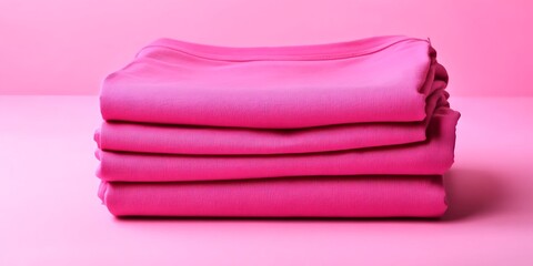 A neatly folded stack of vibrantly colored pink t shirts