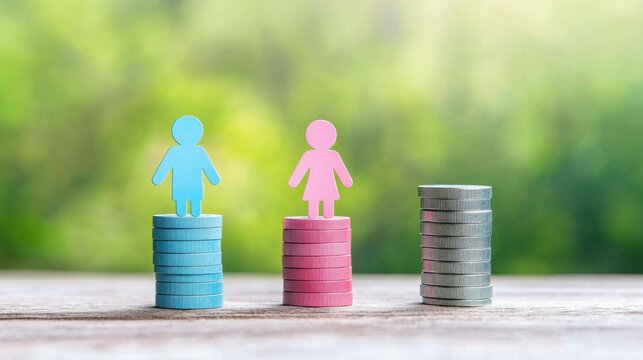 Economic disparity concept, a man and woman icon next to unbalanced salary stacks, free space for messaging.