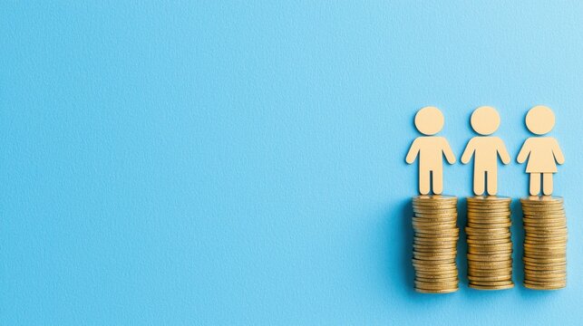 Economic disparity concept, a man and woman icon next to unbalanced salary stacks, free space for messaging.