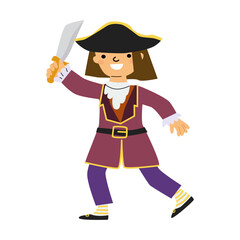 Cartoon young caucasian female pirate with sword and hat.
