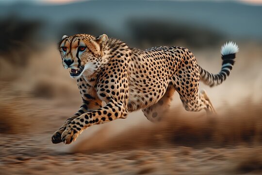 Cheetah Running at Full Speed in African Savanna at Sunset, with dust to capture the speed in motion, animal photography, wild animal, desert