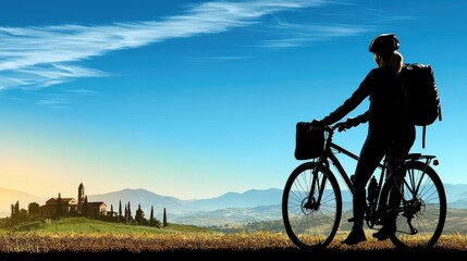 Obraz premium Silhouette of a cyclist admiring a Tuscan landscape at sunset