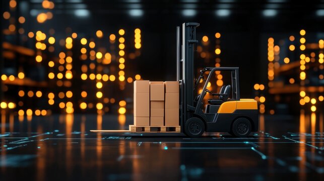 Electric forklift loading a cargo pallet onto a truck at a modern warehouse dock, creating a dynamic logistics scene.