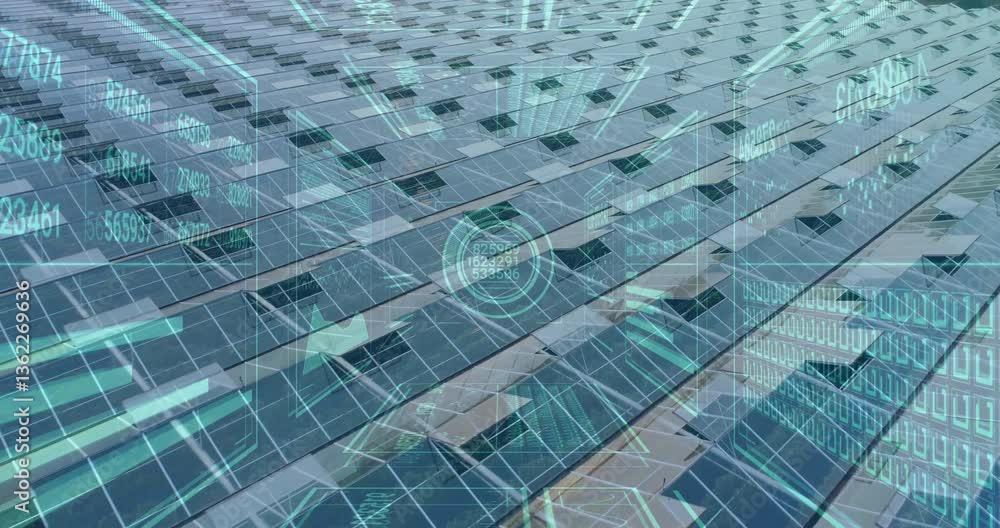 Poster animation overlaying data and graphs on futuristic building facade in cityscape
